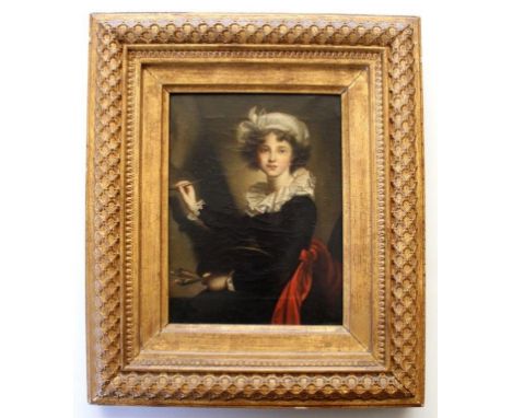 AFTER ELISABETH LOUISE VIGEE LE BRUN (1755-1842) SELF PORTRAIT AT AN EASEL Oil on canvas 21 x 15.5cm. * After the original of