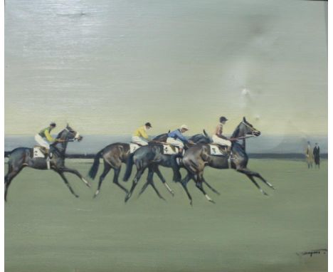 •RICHARD JOHN MUNRO DUPONT (1920-1997) BEFORE THE START Signed (partially erased), oil on canvas 49.5 x 59.5cm. ++ Some craqu