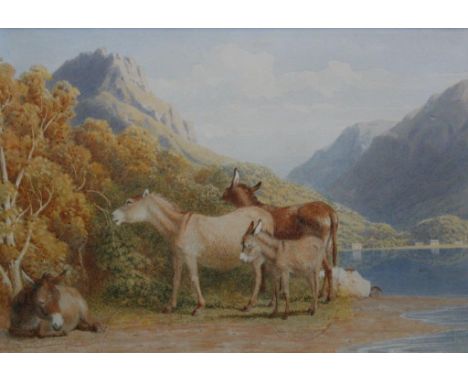 ROBERT HILLS (1769-1844) and GEORGE FENNEL ROBSON , RWS (1788-1833) DONKEYS IN A MOUNTAINOUS LANDSCAPE BY A LAKE Watercolour 