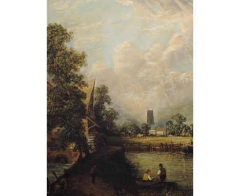 An oil painting, style of John Constable, anglers before mill and church, framed, 74 x 62cm