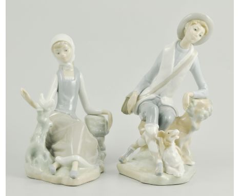 Lladro figure of seated girl, with a dove, together with a similar of a seated girl and dog, 19cm, (2).