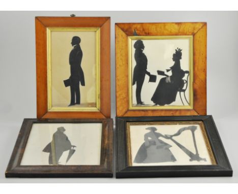 Early Victorian silhouette, full length portrait of a gentleman holding a top hat, highlighted in gilt, body colour backgroun