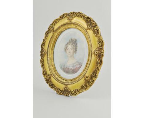 English School, head and shoulders miniature portrait of a lady wearing a dress with a lace collar, watercolour, oval, 13.5cm