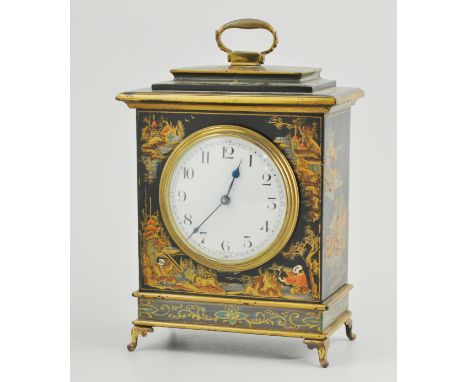 French Japanned table clock, highly decorated with Oriental scenes, raised on four brass feet, with a white enamel dial, 24cm