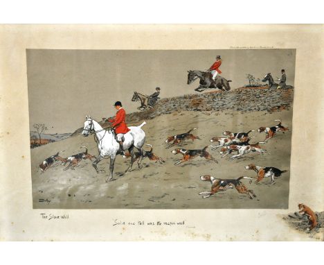 After Charlie Johnson Payne"Snaffles", coloured hunting print, The Stone Wall "Solid and Tall was the Raspin Wall" (Gordon), 