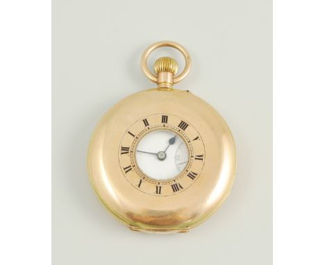 9ct half hunter pocket watch, white enamel dial, Roman numerals, engraved monogram to back, 73.8gm gross.