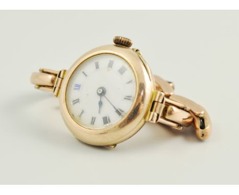 9ct gold wristwatch, white enamel dial, Roman numerals, with a 9ct gold expanding bracelet strap (the strap is broken), 23gm 