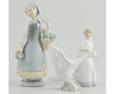 Lladro figure of a girl, a Lladro model of a swan together with a similar figure, (3).