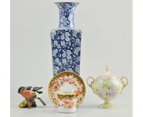 Box of misceallaneous decorative vases, teapots, figures etc, a box of moulded and cut glass ware, a further box including Ro