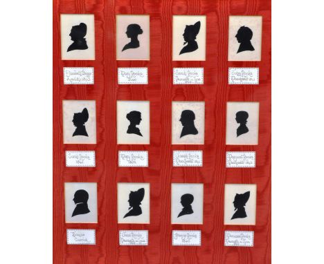 Nine miniature portrait profile silhouettes, mounted as one, with pencil titles, including the Reverand J Bullock, mounted as