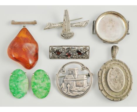 Scottish silver brooch, a bar brooch, another brooch, a pair of jade type clip ear-rings, an amber type pendant, a hallmarked