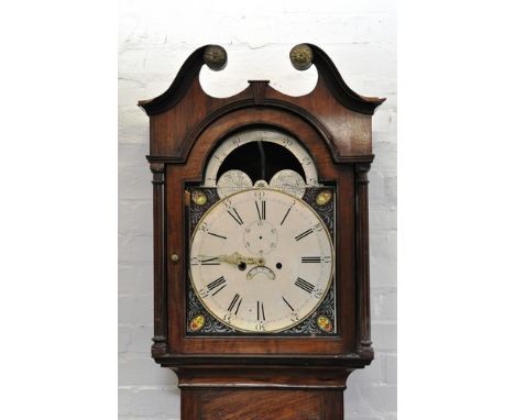 19th Century mahogany longcase clock, swan neck pediment to the arched hood with ribbed column supports, painted dial with mo