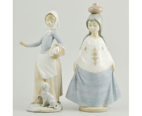Nao figure of girl holding a basket with puppy at her feet, and one other Eastern Princess, (2).