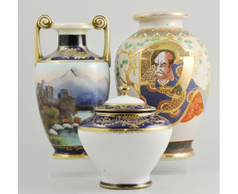 Noritake circular bomb shaped casket, with domed cover, a similar two handled baluster vase and a Japanese Satsuma style balu