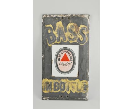 Brewery Advertising: Early 20th Century slate and enamel "Bass" advertising sign, engraved with "Bass in Bottle", centre enam