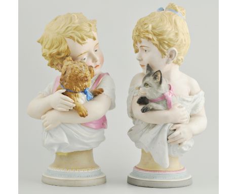 Pair of Austrian biscuit glazed half-length figures, of a boy with his dog and a girl with her cat, overall height 35cm.