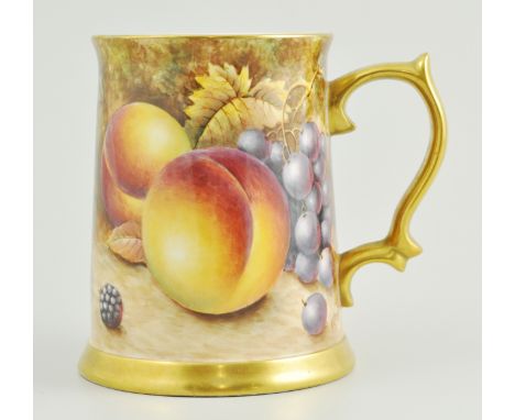 English bone china tankard, hand painted decoration, still life of fruit, signed M. Creed, possibly Royal Worcester, height 1