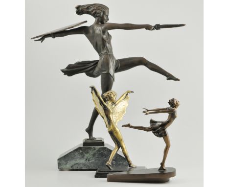 Art Deco style bronze figure of a female warrior, and two smaller similar figures, (3).