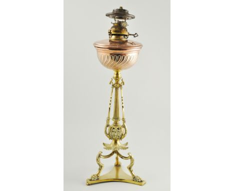 Victorian brass and copper table lamp, the column in triform design, with a centre reeded column, splayed foliate terminal, r