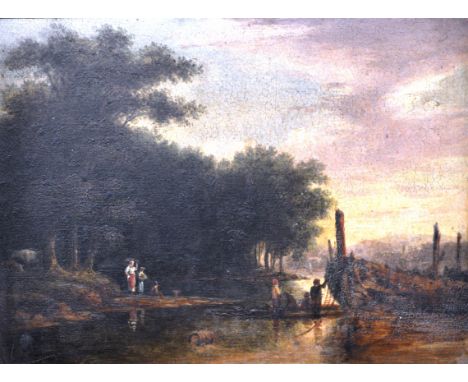 Victorian School, oil on board, river landscape with figures in a barge and on the riverbank, 22cm x 30cm.