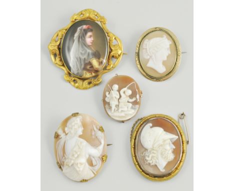 Collection of four cameo brooches, together with a similar hand painted enamel brooch, (5).