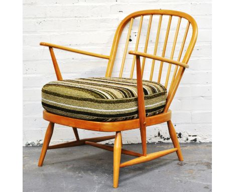 Ercol pale beech side chair, with upholstered cushions.