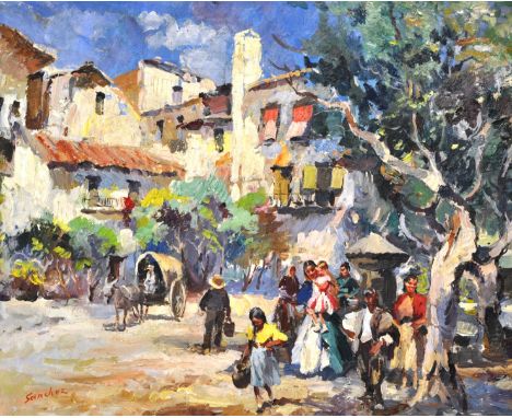 Sanchez, oil on canvas, A Spanish Urban Village Market Place with Figures at the Well, signed, 50cm x 60cm.