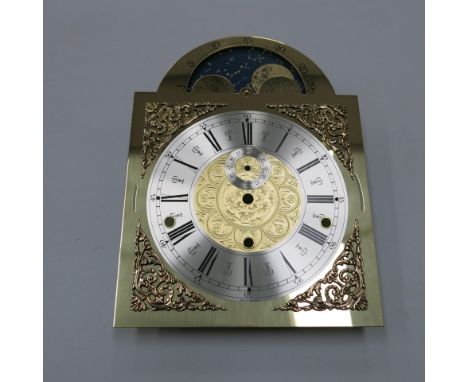 * Four German brass longcase clock dials with silver chapter rings & moon roller facility (stock no D2021) 33 cm x 25 cm over