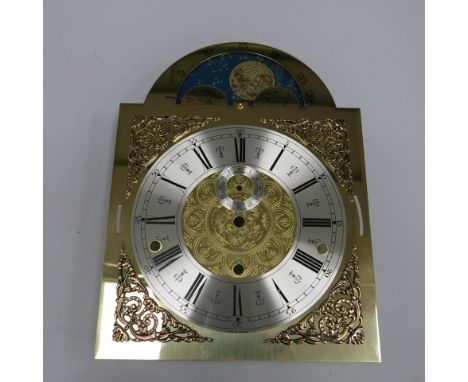 * Four German brass longcase clock dials with silver chapter rings & moon roller facility (stock no D2021) 33 cm x 25 cm over