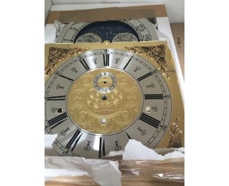 * Five brass longcase dials with moon roller facility and silvered chapter ring. 40 cm x 28 cm