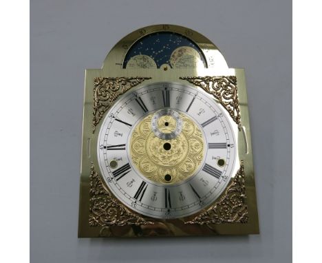 * Five German brass longcase clock dials with silvered chapter rings & moon roller facility (stock number D2021) 33 cm v 25 c