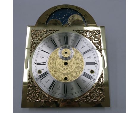 * Four German brass longcase clock dials with silver chapter rings & moon roller facility (stock no D2021) 33 cm x 25 cm over