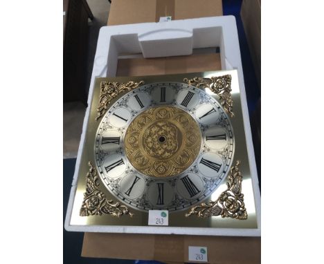 * Five brass longcase clock dials with printed Roman numerals and silvered chapter ring 28 cm square