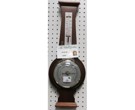 * Small mahogany finish banjo aneroid barometer with thermometer 