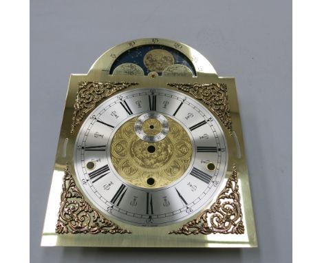 * Four German brass longcase clock dials with silver chapter rings & moon roller facility (stock no D2021) 33 cm x 25 cm over