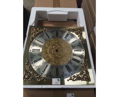 * Five brass longcase clock dials with printed Roman numerals and silvered chapter ring 28 cm square