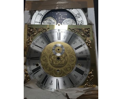 * Five brass longcase dials with moon roller facility and silvered chapter ring. 40 cm x 28 cm