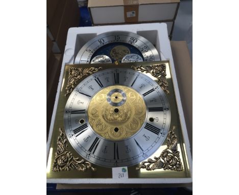 * Five brass longcase clock dials with printed Roman numerals on and silvered chapter ring (D2046P)