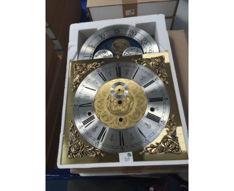 * Five brass longcase clock dials with printed Roman numerals on and silvered chapter ring (D2046P)