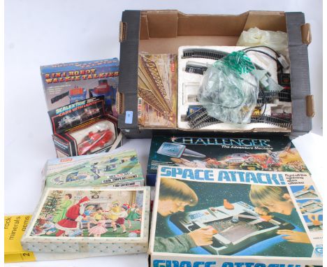 TOYS: A good mixed lot of assorted vintage toys and games to include; Rubik's Clock, Robot Walkie Talkies, Scalextric Car C42