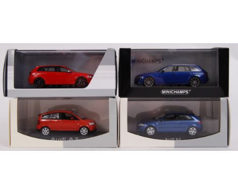 MINICHAMPS: A good collection of 4x 1:43 scale Minichamps diecast model cars - all Audis. Each mint, and within the original 