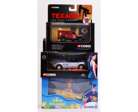 CORGI: A collection of 3x boxed Corgi diecast models to include Beatles Yellow Submarine CC05801, James Bond 05001 and Texaco