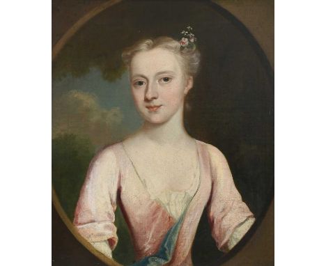 English School Mid 18th CenturyPortrait of Mrs Christopher Barratt, half-length, wearing a pink dress, in a painted ovalOil o