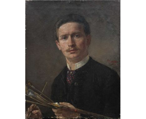 Continental School 19th CenturySelf Portrait with palette and paint brushSigned and dated Libzmann/XII/1885 (centre right)Oil