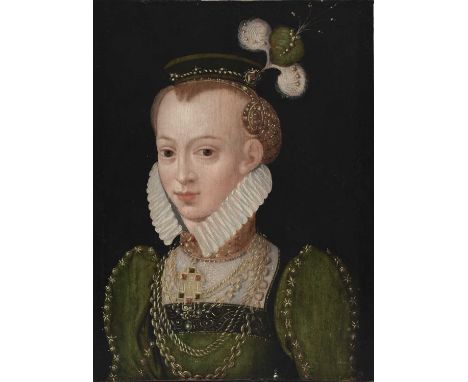 Manner of François ClouetPortrait of a lady, wearing a green dress and feathered hatOil on panel29.6 x 21.9cm; 11¾ x 8¾inUnfr