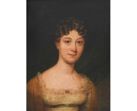 English School c.1800Portrait of Elizabeth Barratt, bust-length, wearing a white dress and yellow shawlOil on panel39.8 x 31c