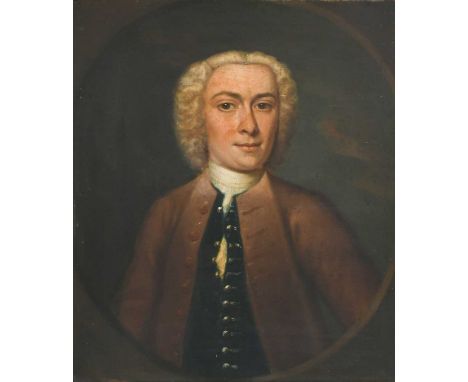 English School MId 18th CenturyPortrait of Christopher Barratt, half-length, wearing a brown coat and blue waistcoat, in a pa