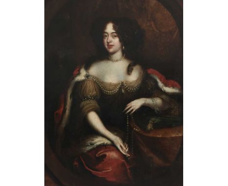 French School Late 17th CenturyPortrait of a lady, three-quarter length, wearing a fur-lined cloak and holding a string of pe