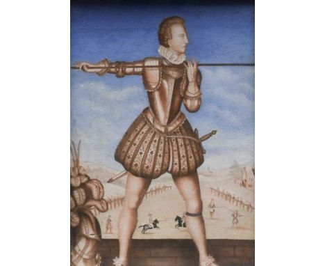 After Simon de PassePortrait of Henry Frederick, Prince of Wales (1594-1612), holding a lance, with figures jousting beyondWa