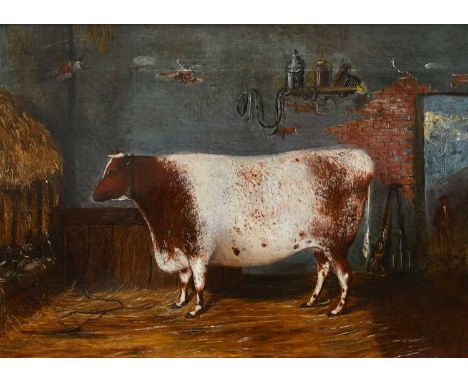 English School 19th CenturyPortrait of a prize bull in a stableOil on canvas40.6 x 55.8cm; 16 x 22in